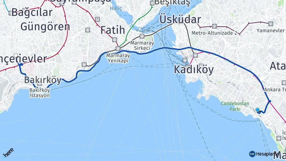 İstanbul Kadıköy Bostancı Bahçelievler Arası Kaç Km - Yol Haritası