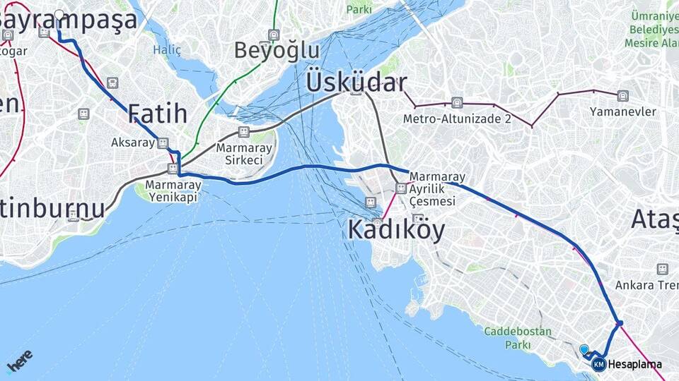 İstanbul Kadıköy Bostancı Bayrampaşa Arası Kaç Km - Yol Haritası