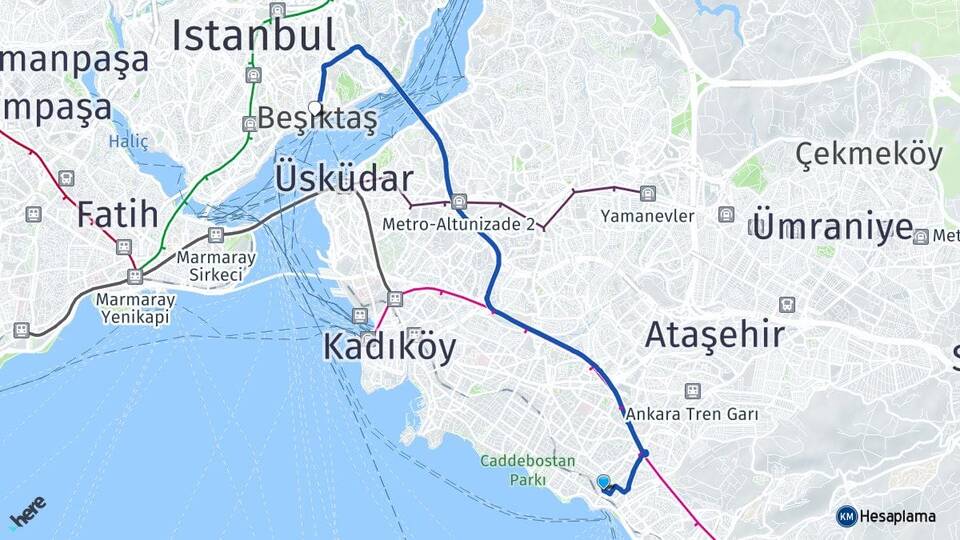 İstanbul Kadıköy Bostancı Beşiktaş Arası Kaç Km - Yol Haritası