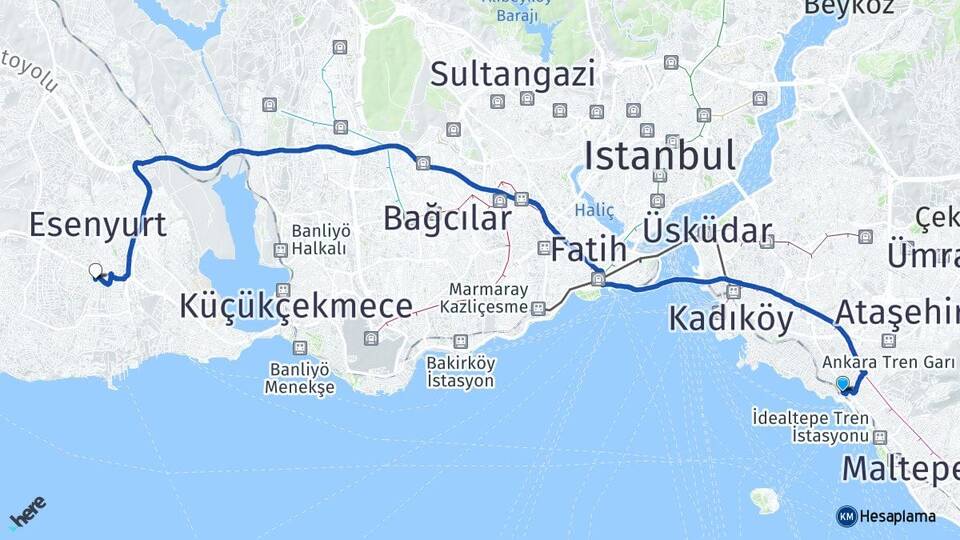 İstanbul Kadıköy Bostancı Beylikdüzü Arası Kaç Km - Yol Haritası