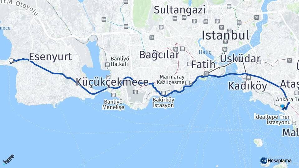 İstanbul Kadıköy Bostancı Büyükçekmece Arası Kaç Km - Yol Haritası