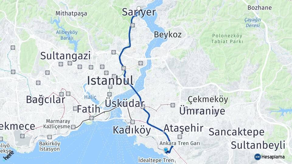 İstanbul Kadıköy Bostancı Sarıyer Arası Kaç Km - Yol Haritası