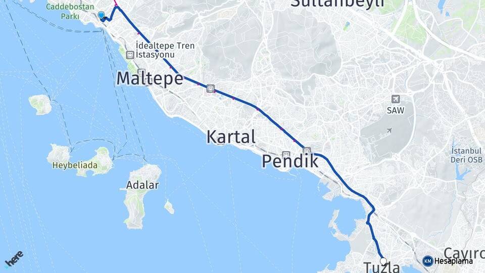İstanbul Kadıköy Bostancı Tuzla Arası Kaç Km - Yol Haritası