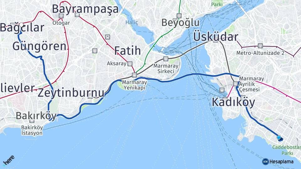 İstanbul Kadıköy Caddebostan Bağcılar Arası Kaç Km - Yol Haritası
