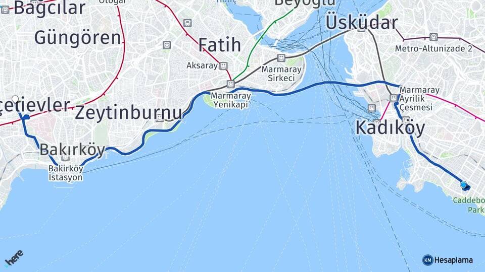 İstanbul Kadıköy Caddebostan Bahçelievler Arası Kaç Km - Yol Haritası