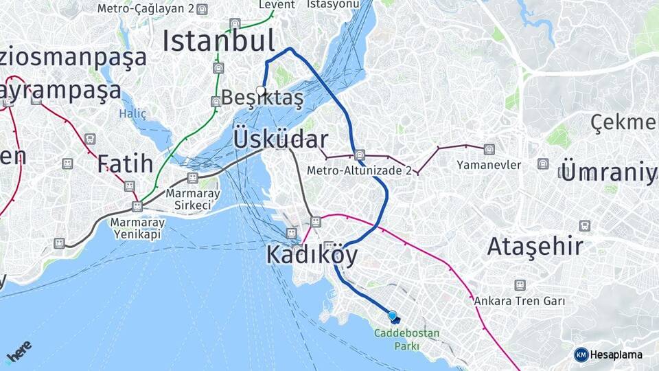 İstanbul Kadıköy Caddebostan Beşiktaş Arası Kaç Km - Yol Haritası