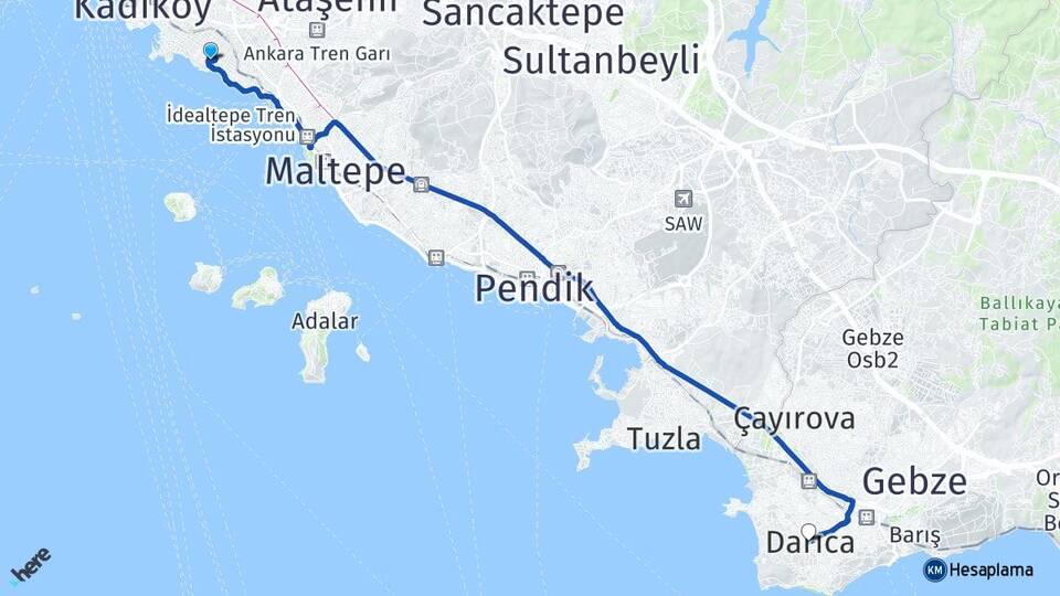 İstanbul Kadıköy Caddebostan Darıca Kocaeli Arası Kaç Km - Yol Haritası
