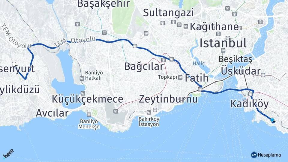 İstanbul Kadıköy Caddebostan Esenyurt Arası Kaç Km - Yol Haritası