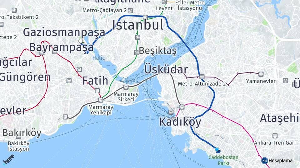 İstanbul Kadıköy Caddebostan Eyüpsultan Arası Kaç Km - Yol Haritası