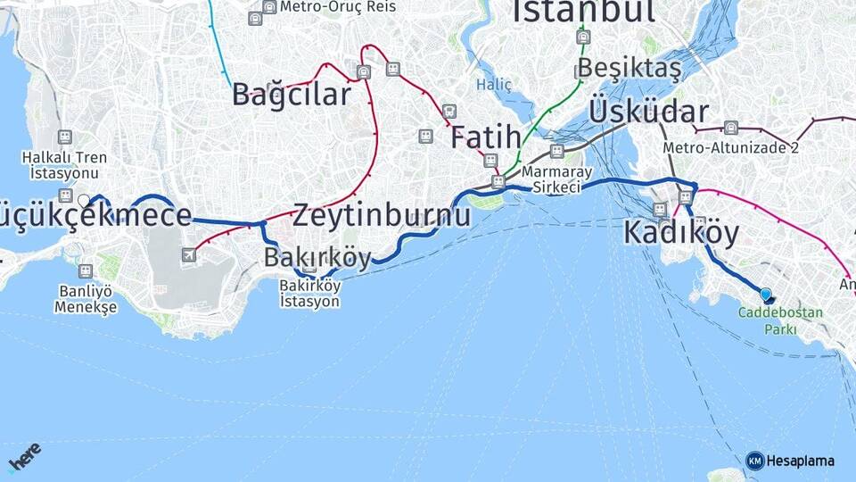 İstanbul Kadıköy Caddebostan Küçükçekmece Arası Kaç Km - Yol Haritası