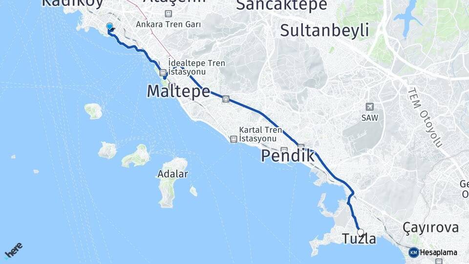 İstanbul Kadıköy Caddebostan Tuzla Arası Kaç Km - Yol Haritası