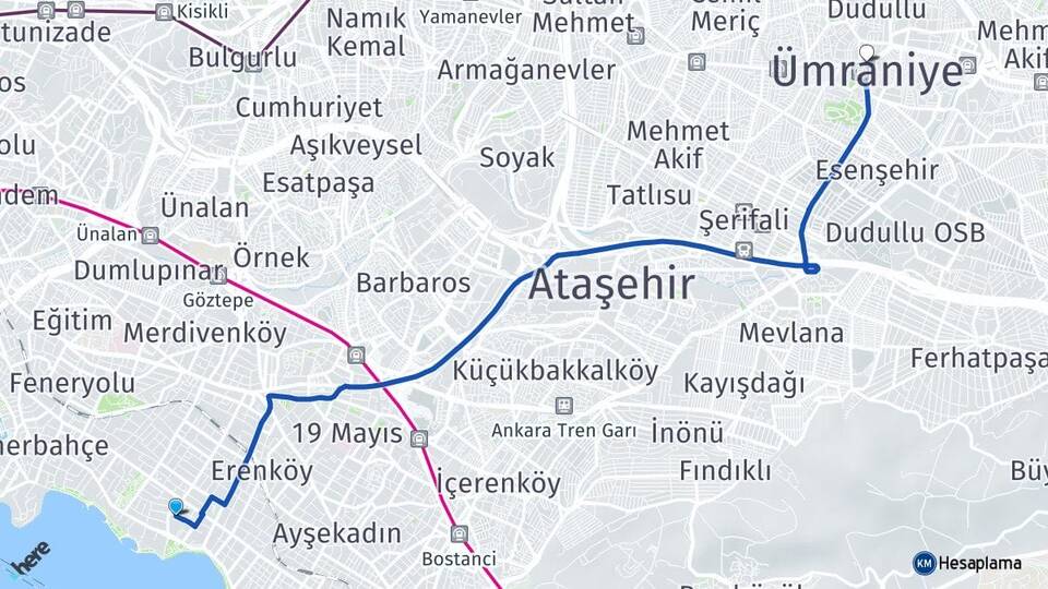 İstanbul Kadıköy Caddebostan Ümraniye Arası Kaç Km - Yol Haritası