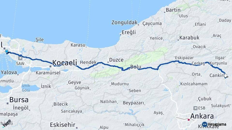 İstanbul Kadıköy Çankırı Arası Kaç Km - Yol Haritası