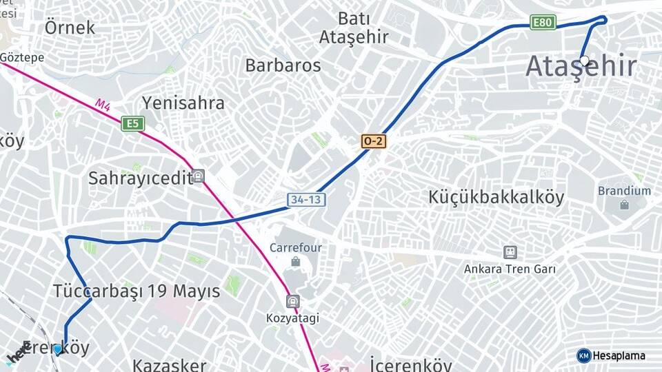İstanbul Kadıköy Erenköy Ataşehir Arası Kaç Km - Yol Haritası