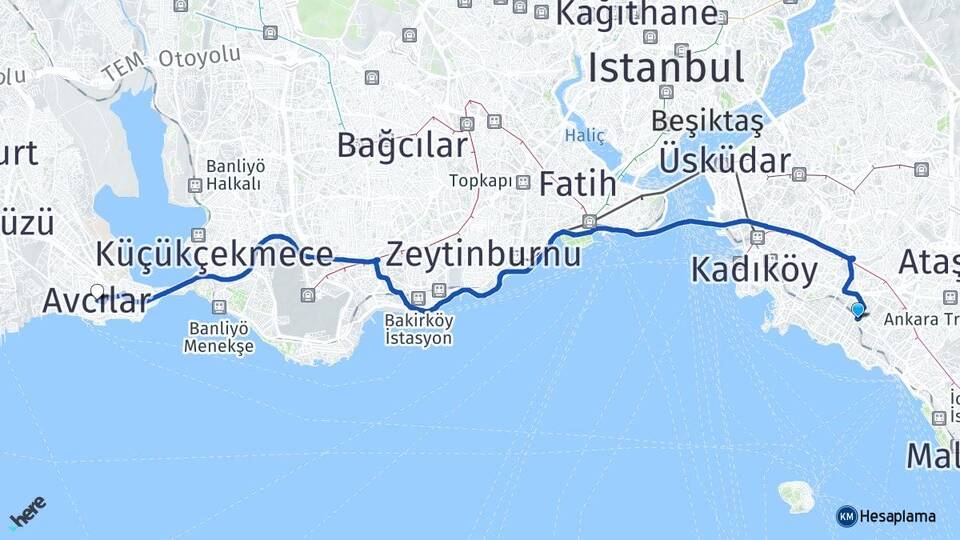İstanbul Kadıköy Erenköy Avcılar Arası Kaç Km - Yol Haritası