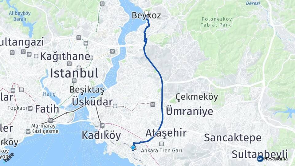 İstanbul Kadıköy Erenköy Beykoz Arası Kaç Km - Yol Haritası