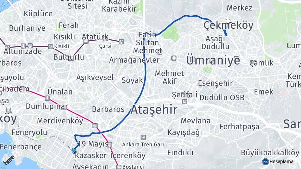 İstanbul Kadıköy Erenköy Çekmeköy Arası Kaç Km - Yol Haritası