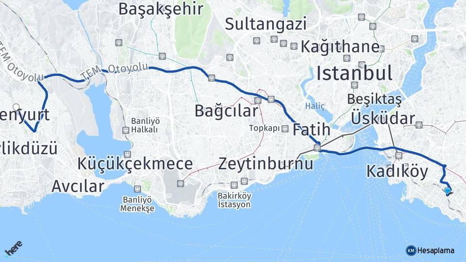 İstanbul Kadıköy Erenköy Esenyurt Arası Kaç Km - Yol Haritası