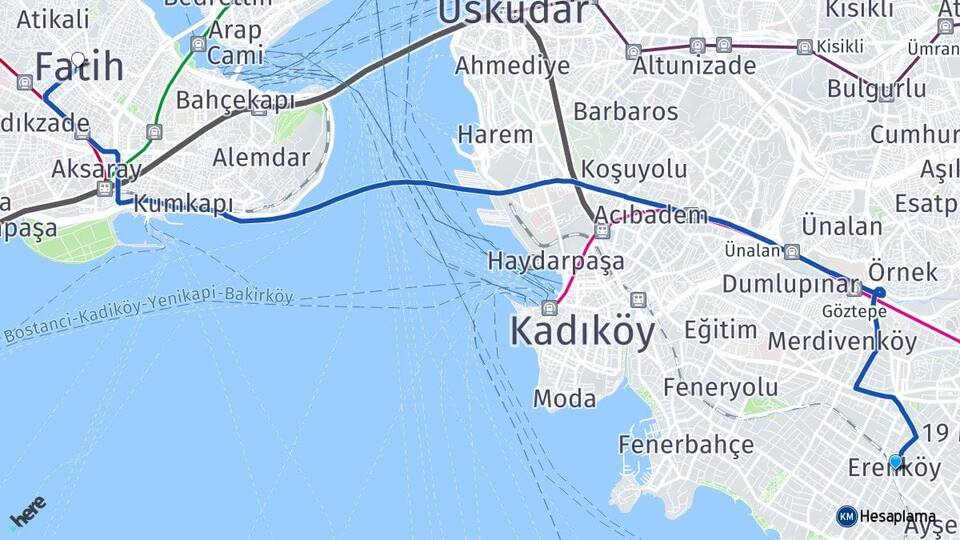 İstanbul Kadıköy Erenköy Fatih Arası Kaç Km - Yol Haritası