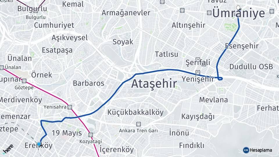 İstanbul Kadıköy Erenköy Ümraniye Arası Kaç Km - Yol Haritası