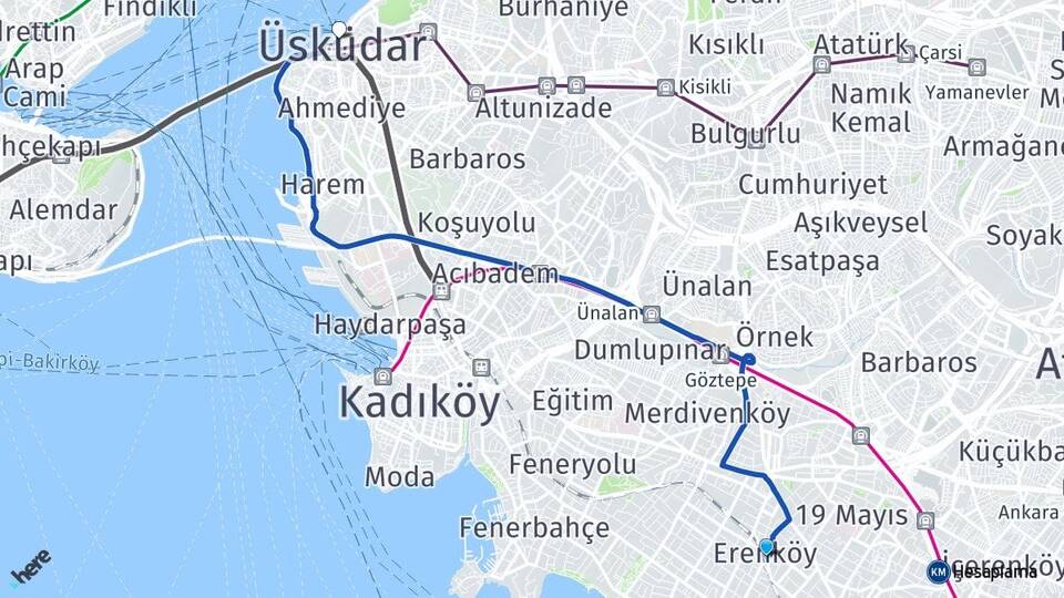 İstanbul Kadıköy Erenköy Üsküdar Arası Kaç Km - Yol Haritası