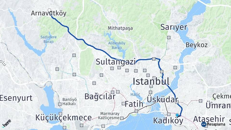 İstanbul Kadıköy Fikirtepe Arnavutköy Arası Kaç Km - Yol Haritası