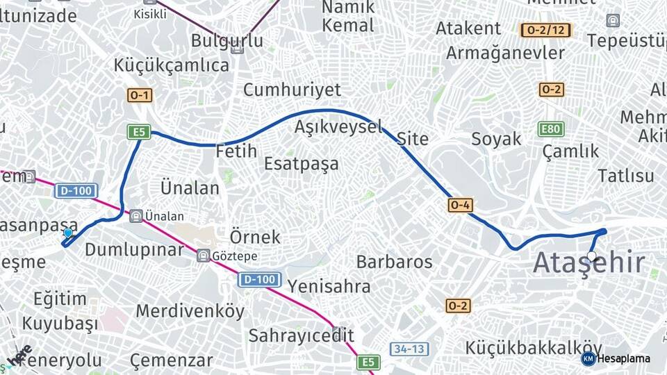 İstanbul Kadıköy Fikirtepe Ataşehir Arası Kaç Km - Yol Haritası