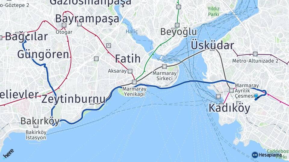 İstanbul Kadıköy Fikirtepe Bağcılar Arası Kaç Km - Yol Haritası