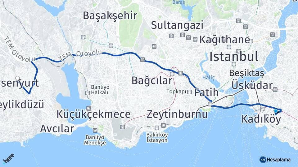 İstanbul Kadıköy Fikirtepe Esenyurt Arası Kaç Km - Yol Haritası
