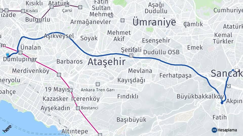 İstanbul Kadıköy Fikirtepe Sancaktepe Arası Kaç Km - Yol Haritası