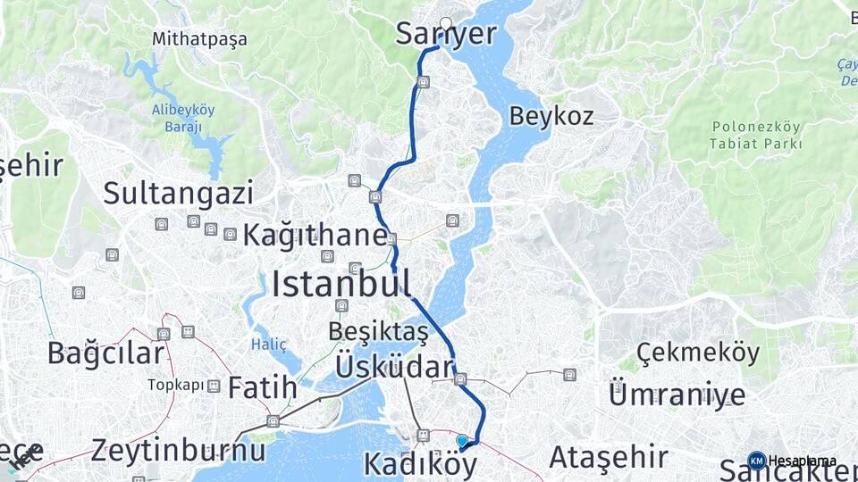 İstanbul Kadıköy Fikirtepe Sarıyer Arası Kaç Km - Yol Haritası
