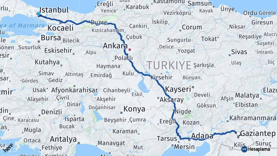 İstanbul Kadıköy Gaziantep Arası Kaç Km - Yol Haritası