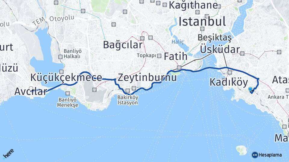 İstanbul Kadıköy Göztepe Avcılar Arası Kaç Km - Yol Haritası