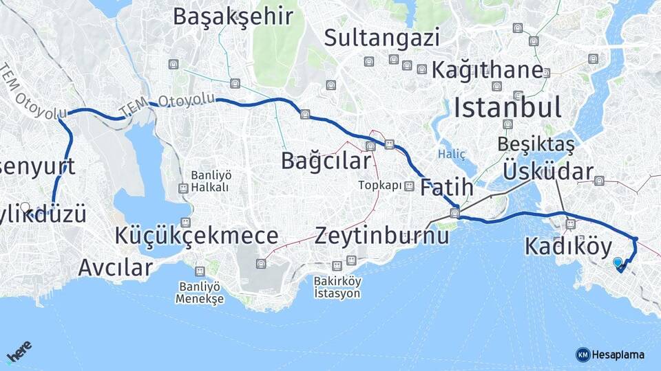 İstanbul Kadıköy Göztepe Beylikdüzü Arası Kaç Km - Yol Haritası