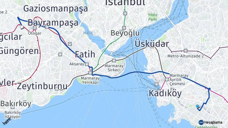 İstanbul Kadıköy Göztepe Esenler Arası Kaç Km - Yol Haritası