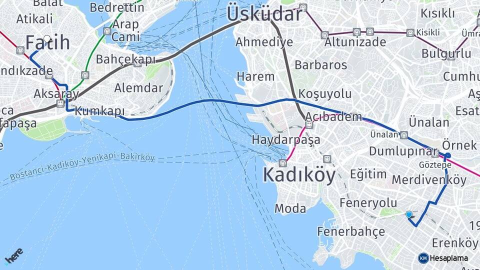 İstanbul Kadıköy Göztepe Fatih Arası Kaç Km - Yol Haritası