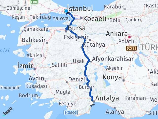 İstanbul Kadıköy Göztepe Göynük Kemer Antalya Arası Kaç Km - Yol Haritası