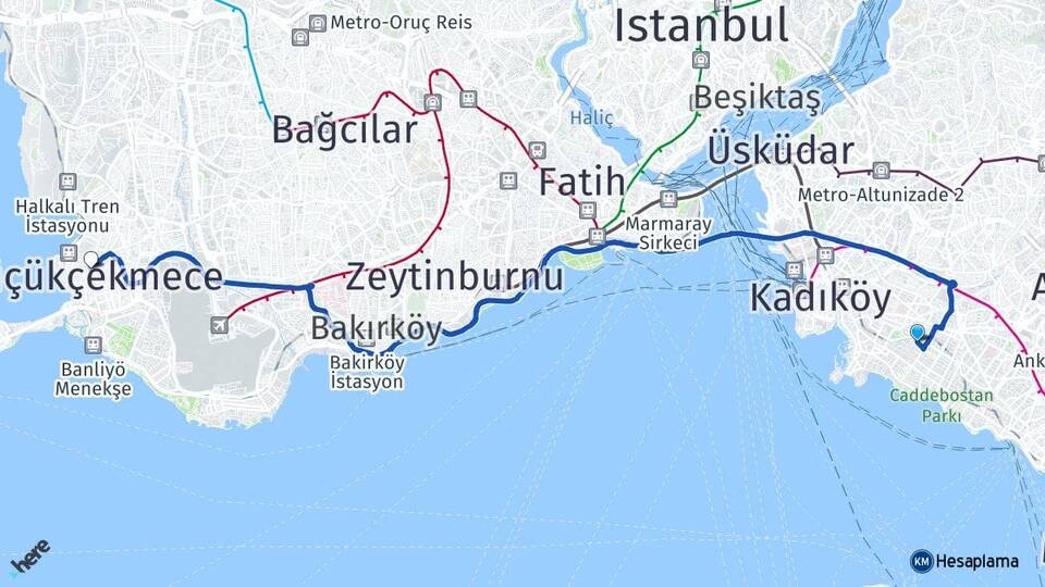 İstanbul Kadıköy Göztepe Küçükçekmece Arası Kaç Km - Yol Haritası