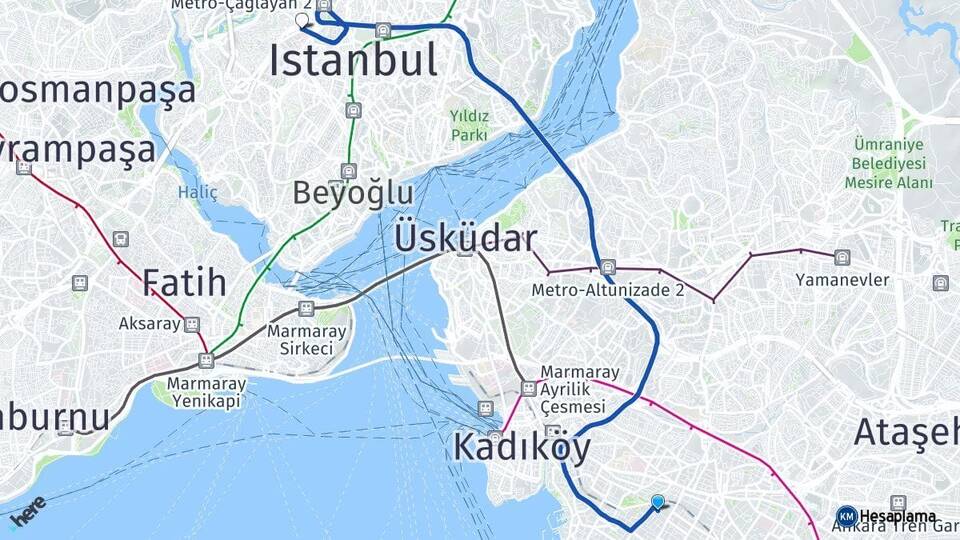 İstanbul Kadıköy Göztepe Okmeydanı Şişli Arası Kaç Km - Yol Haritası