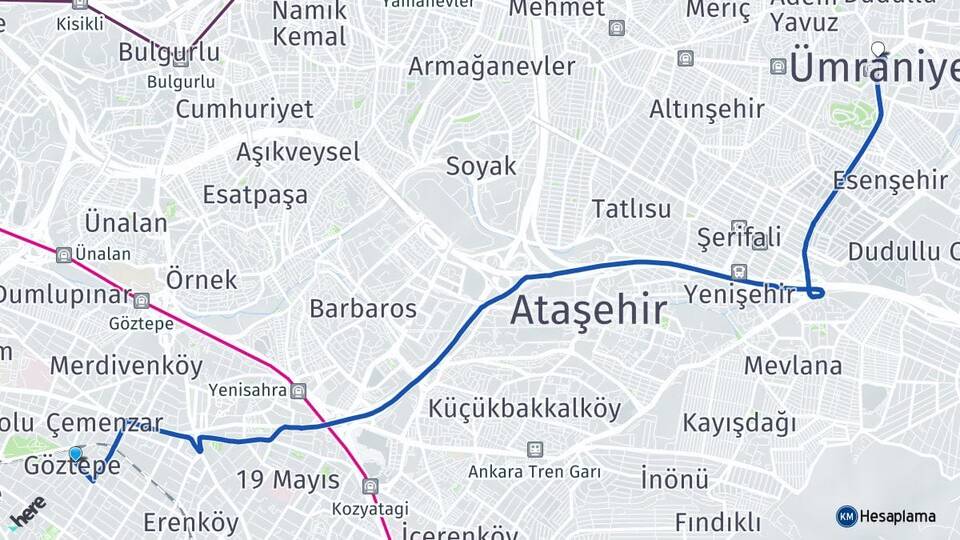 İstanbul Kadıköy Göztepe Ümraniye Arası Kaç Km - Yol Haritası