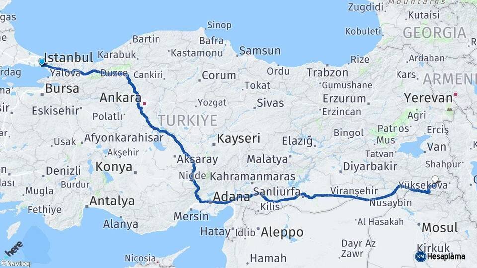 İstanbul Kadıköy Hakkari Arası Kaç Km - Yol Haritası
