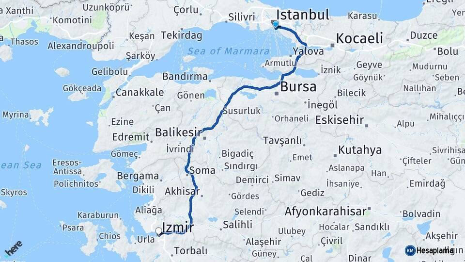 İstanbul Kadıköy İzmir Arası Kaç Km - Yol Haritası