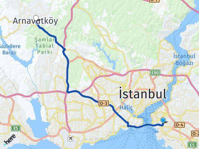 İstanbul Kadıköy Koşuyolu Arnavutköy Arası Kaç Km - Yol Haritası