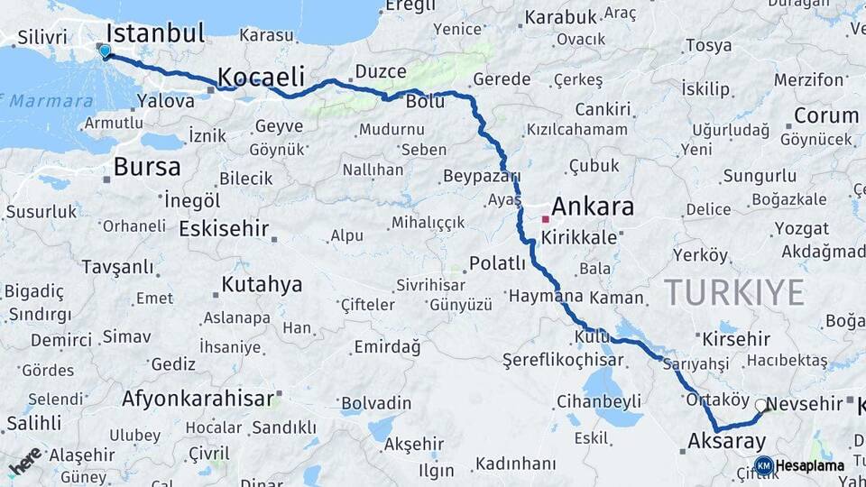 İstanbul Kadıköy Nevşehir Arası Kaç Km - Yol Haritası