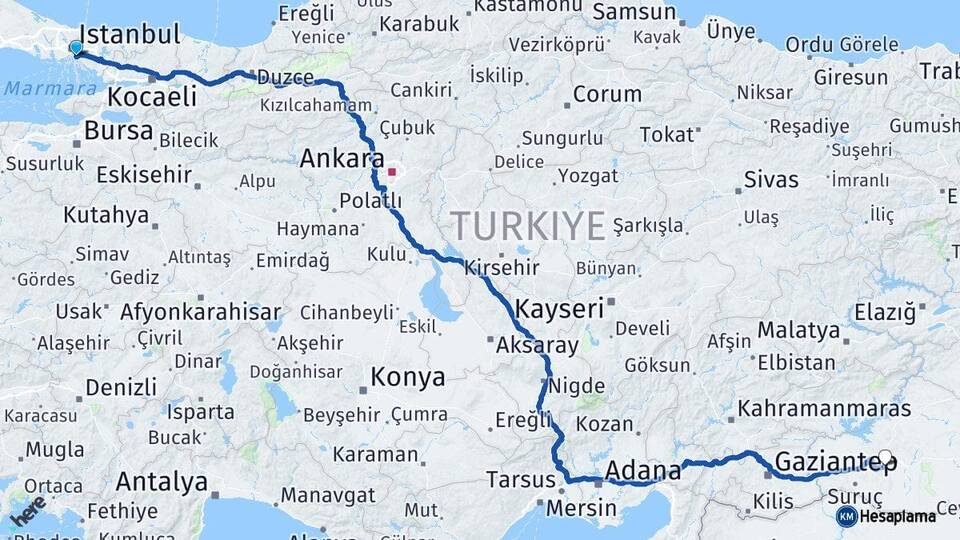 İstanbul Kadıköy Şanlıurfa Arası Kaç Km - Yol Haritası