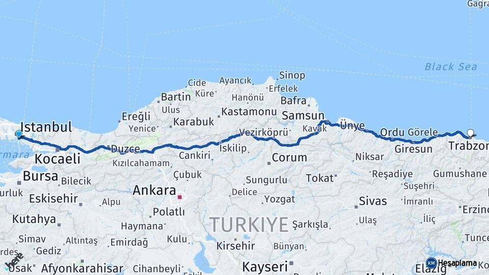 İstanbul Kadıköy Trabzon Arası Kaç Km - Yol Haritası