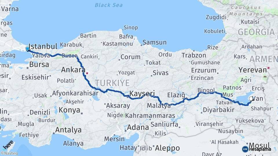 İstanbul Kadıköy Van Arası Kaç Km - Yol Haritası