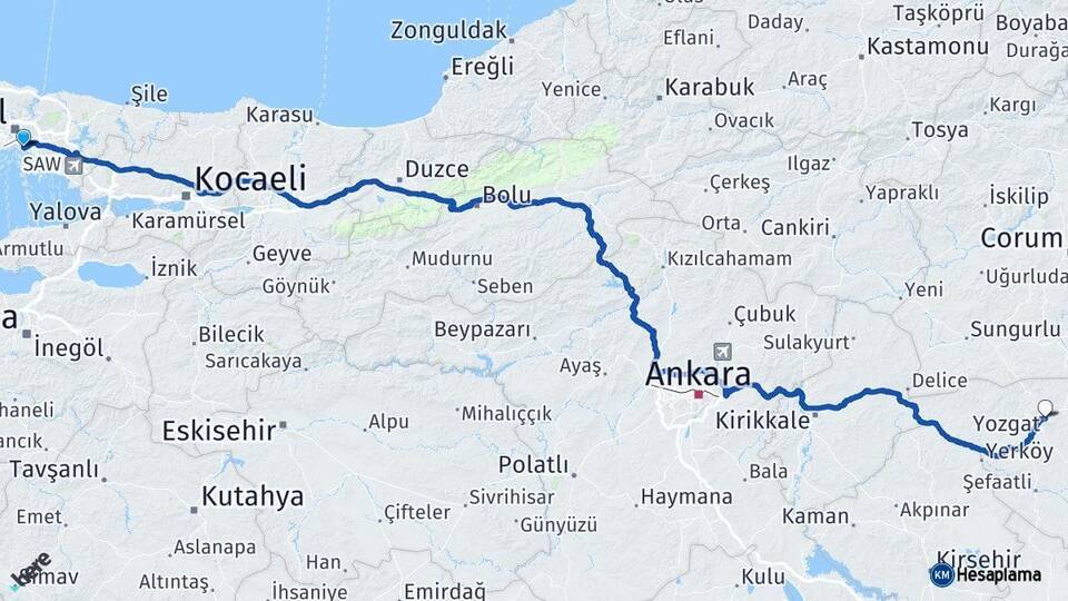İstanbul Kadıköy Yozgat Arası Kaç Km - Yol Haritası