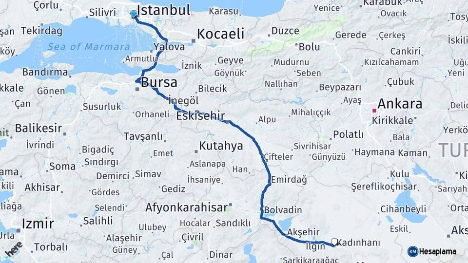 İstanbul Kadınhanı Konya Arası Kaç Km - Yol Haritası