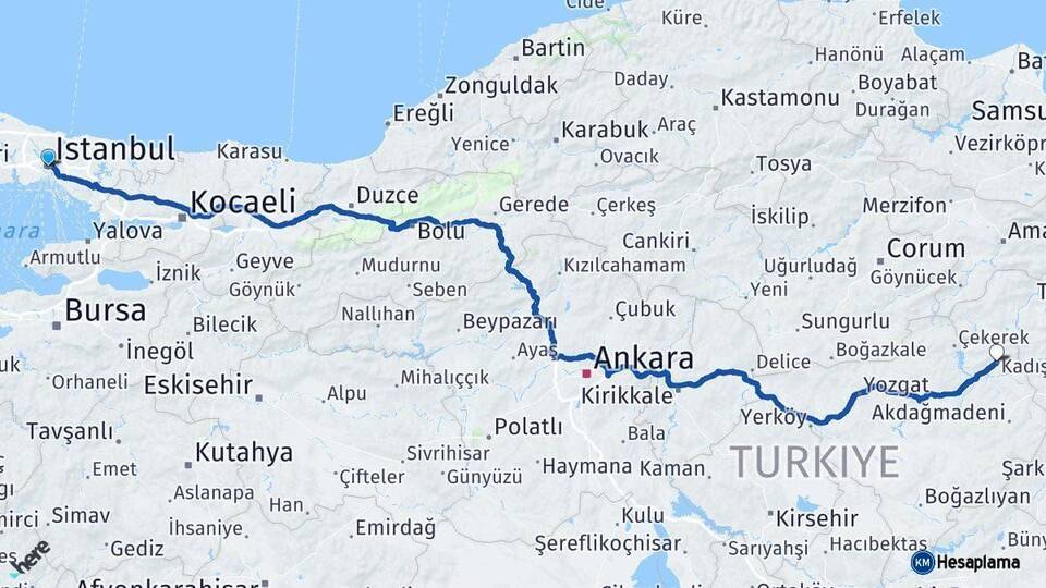 İstanbul Kadışehri Yozgat Arası Kaç Km - Yol Haritası